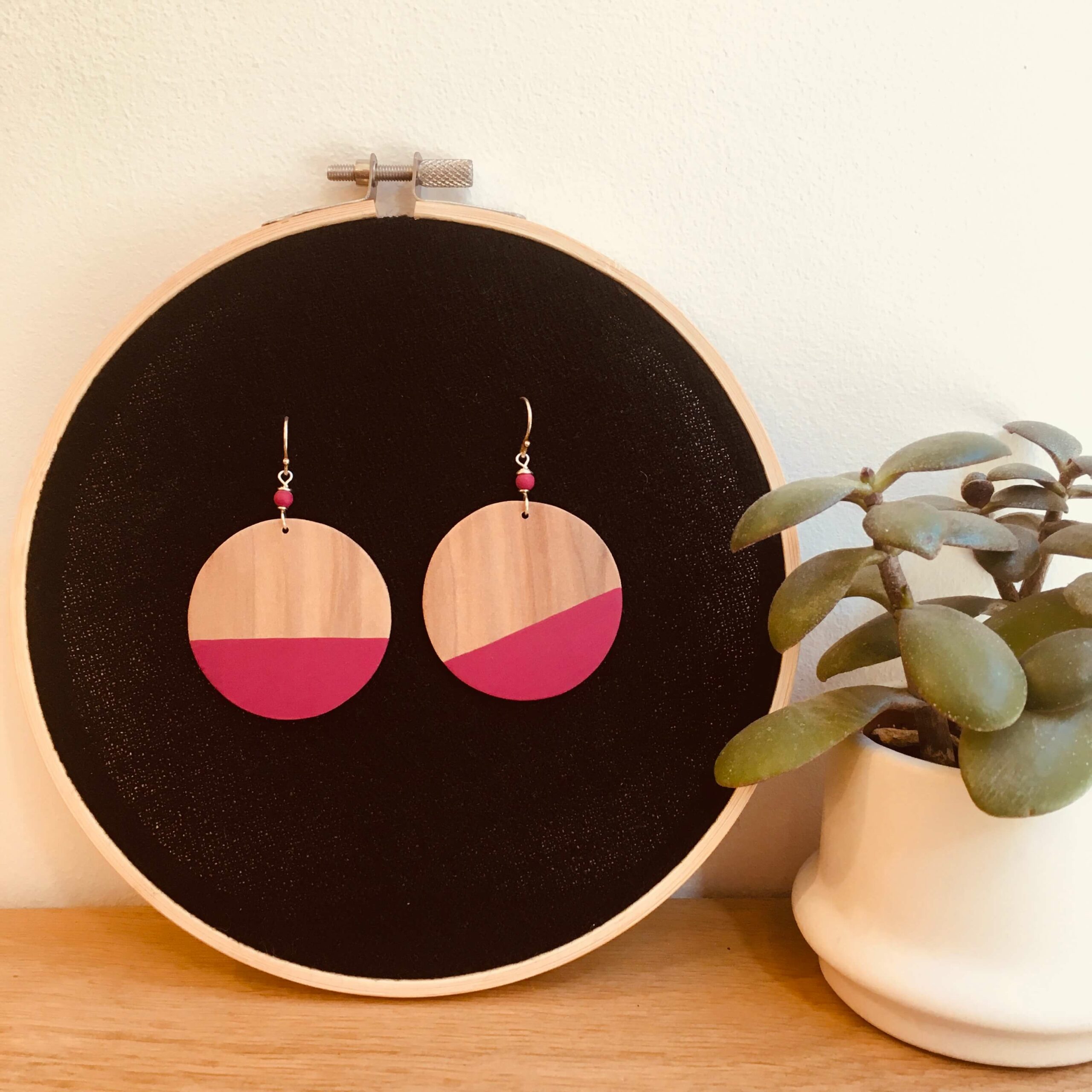 boucles d'oreilles bois géant rond Rootsabaga rose
